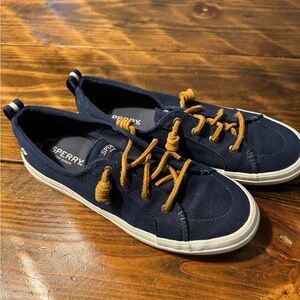 Sperry Topsider Slip On Shoes navy Blue Canvas with leather laces. Size 9
